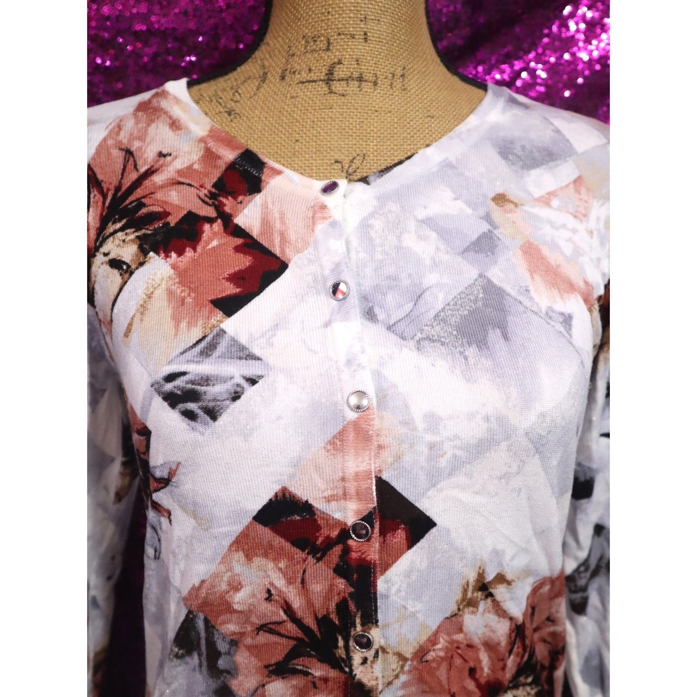 Muted Floral Cardigan S White House Black Market Womens Snap Front Metallic Pink